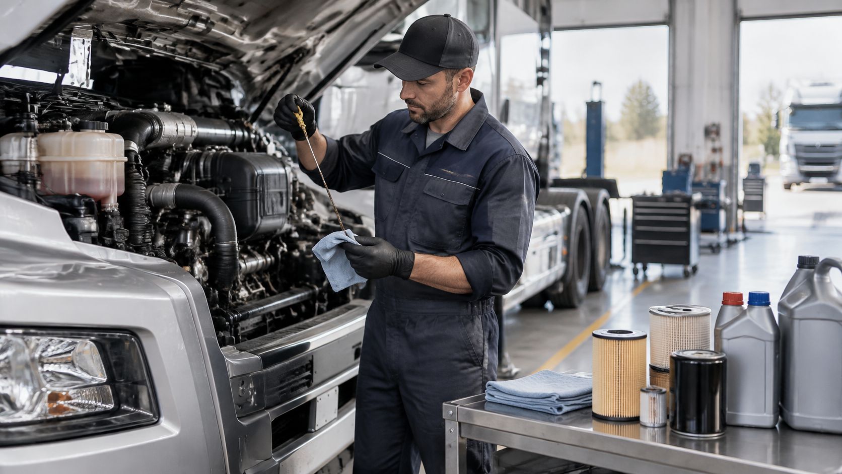 A professional truck mechanic wearing black gloves inspecting the oil dipstick of a heavy duty vehicle engine.
