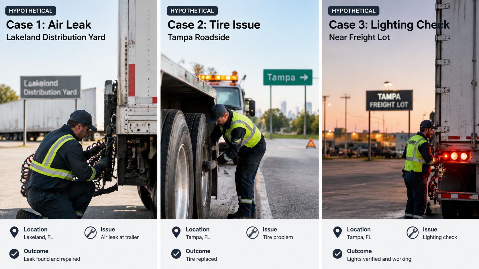 A technician performing various maintenance and repair services on semi-trailer trucks in Florida locations.