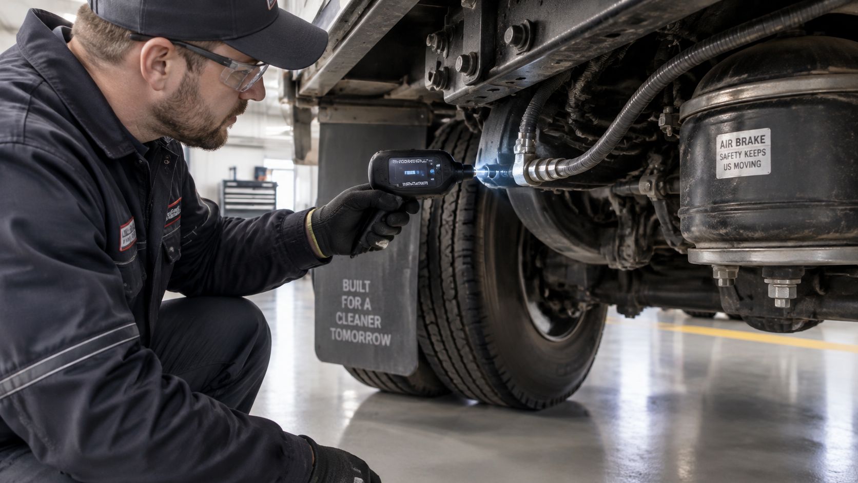A technician using a handheld diagnostic tool to perform an air brake leakage test on a truck.