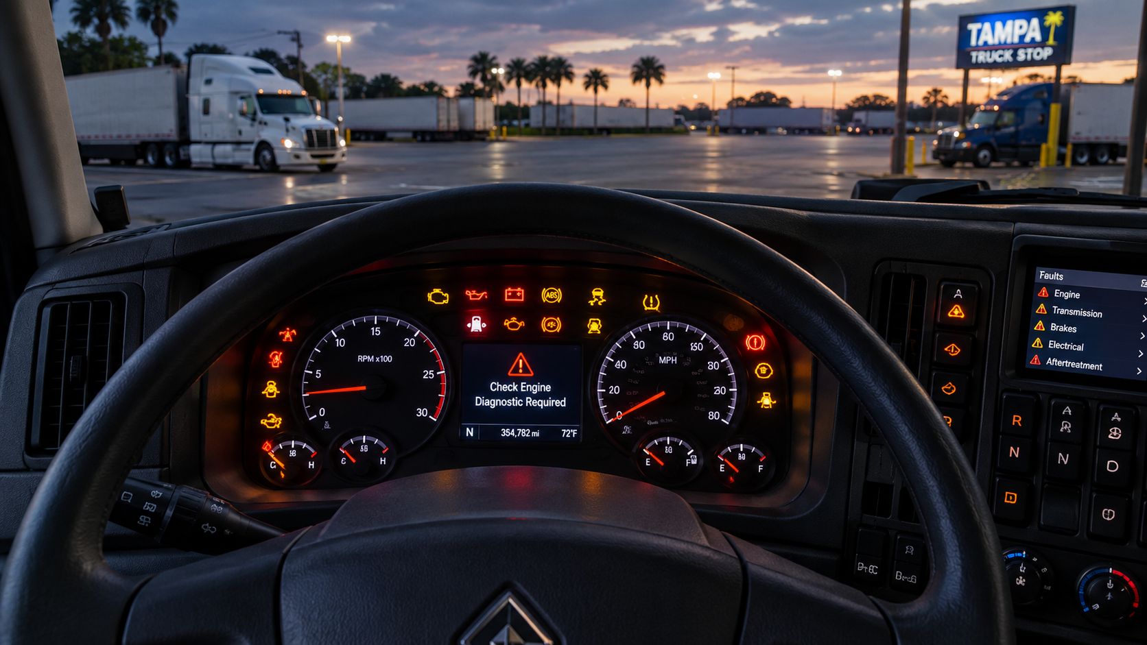 A view from the driver seat of a semi truck with multiple dashboard warning lights illuminated.