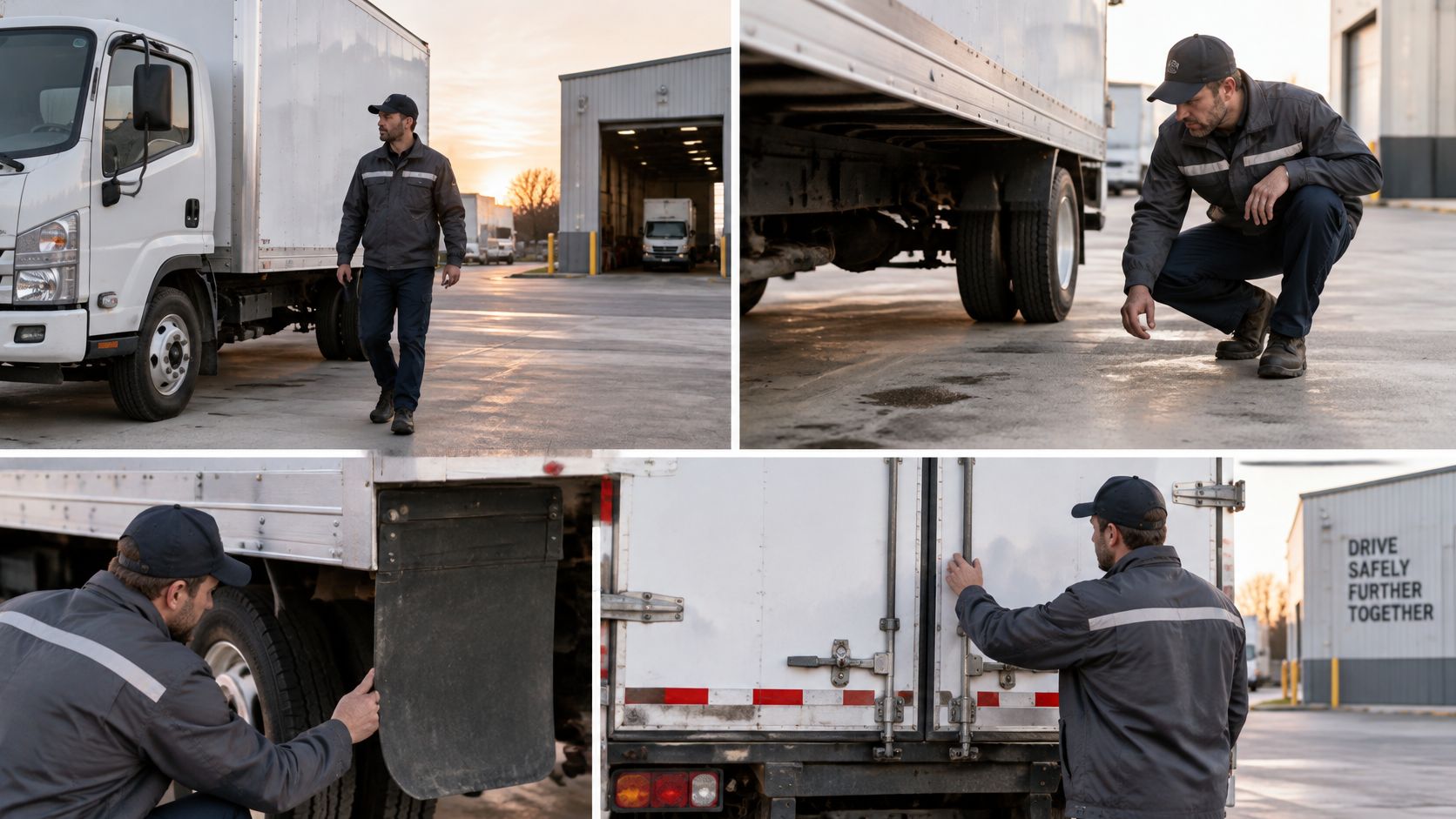 A professional truck driver performing a safety inspection on a box truck at a logistics facility.