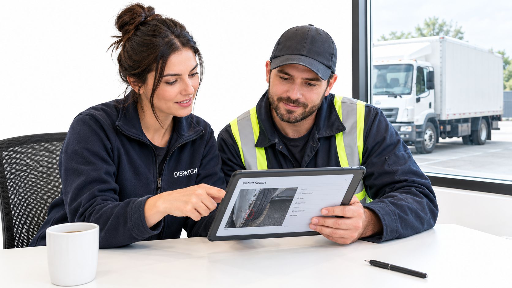A female dispatcher and a male driver reviewing a vehicle defect report on a tablet in an office.