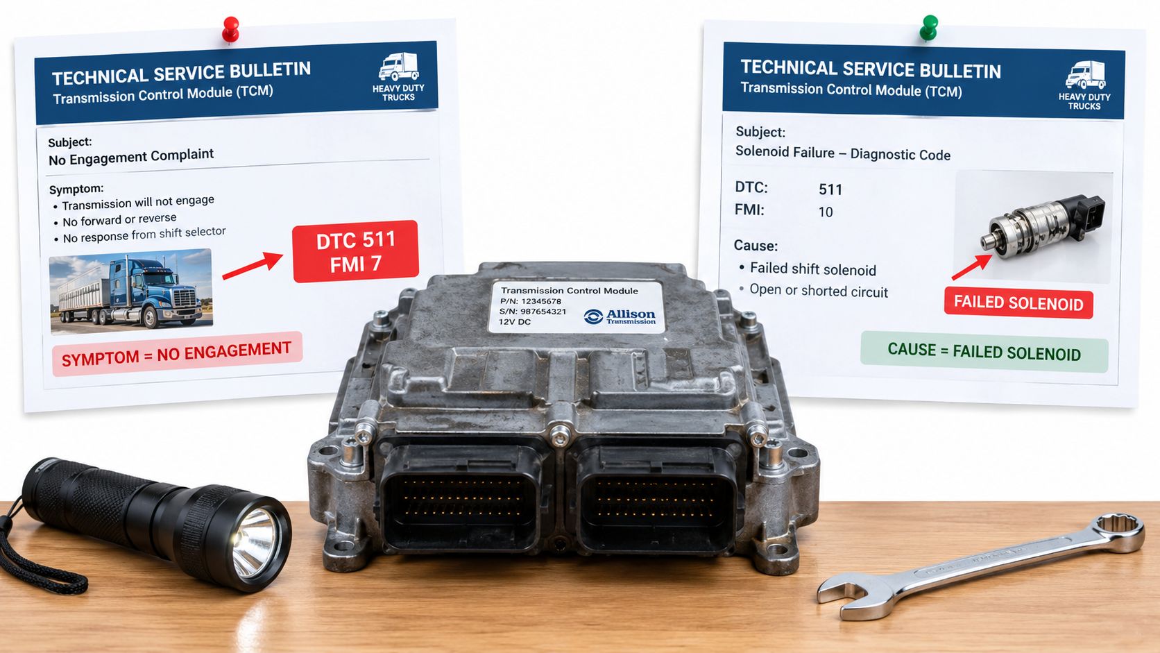 An Allison transmission control module sits on a workbench with technical service bulletins about diagnostic codes displayed.