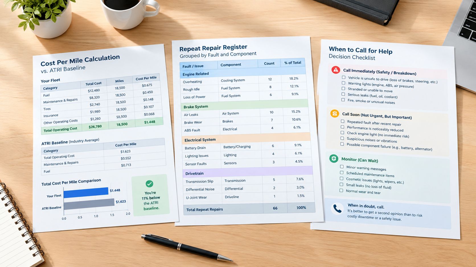 Three printed documents showing fleet maintenance cost analysis, repeat repair statistics, and vehicle maintenance decision checklists.