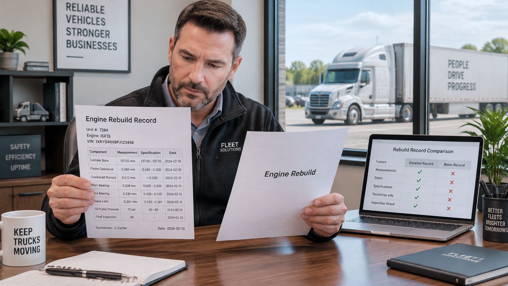 A professional mechanic examining engine rebuild records for a commercial semi truck at his office desk.