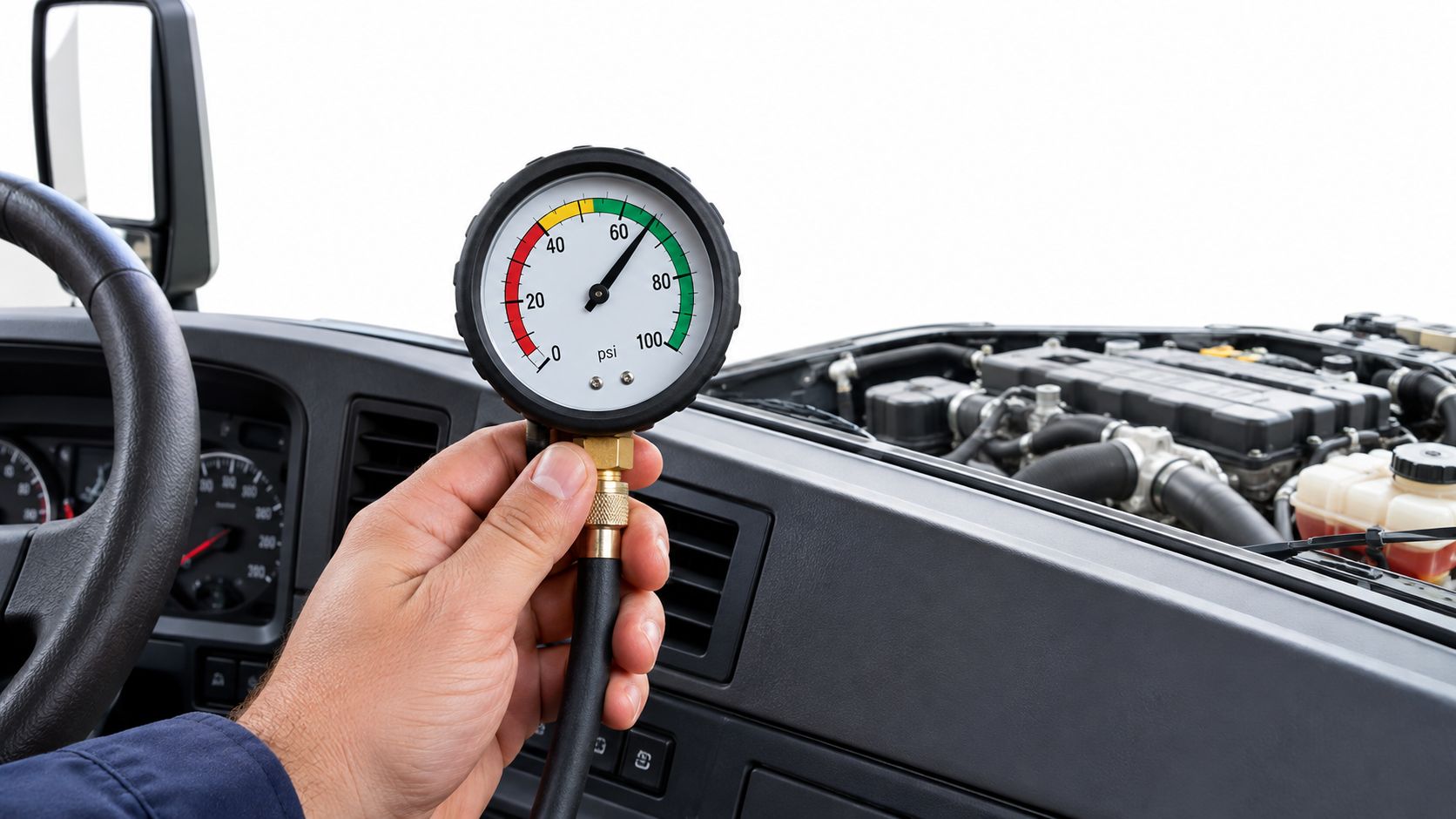 A mechanic holding a pressure gauge while performing an air brake leakage test on a truck engine.