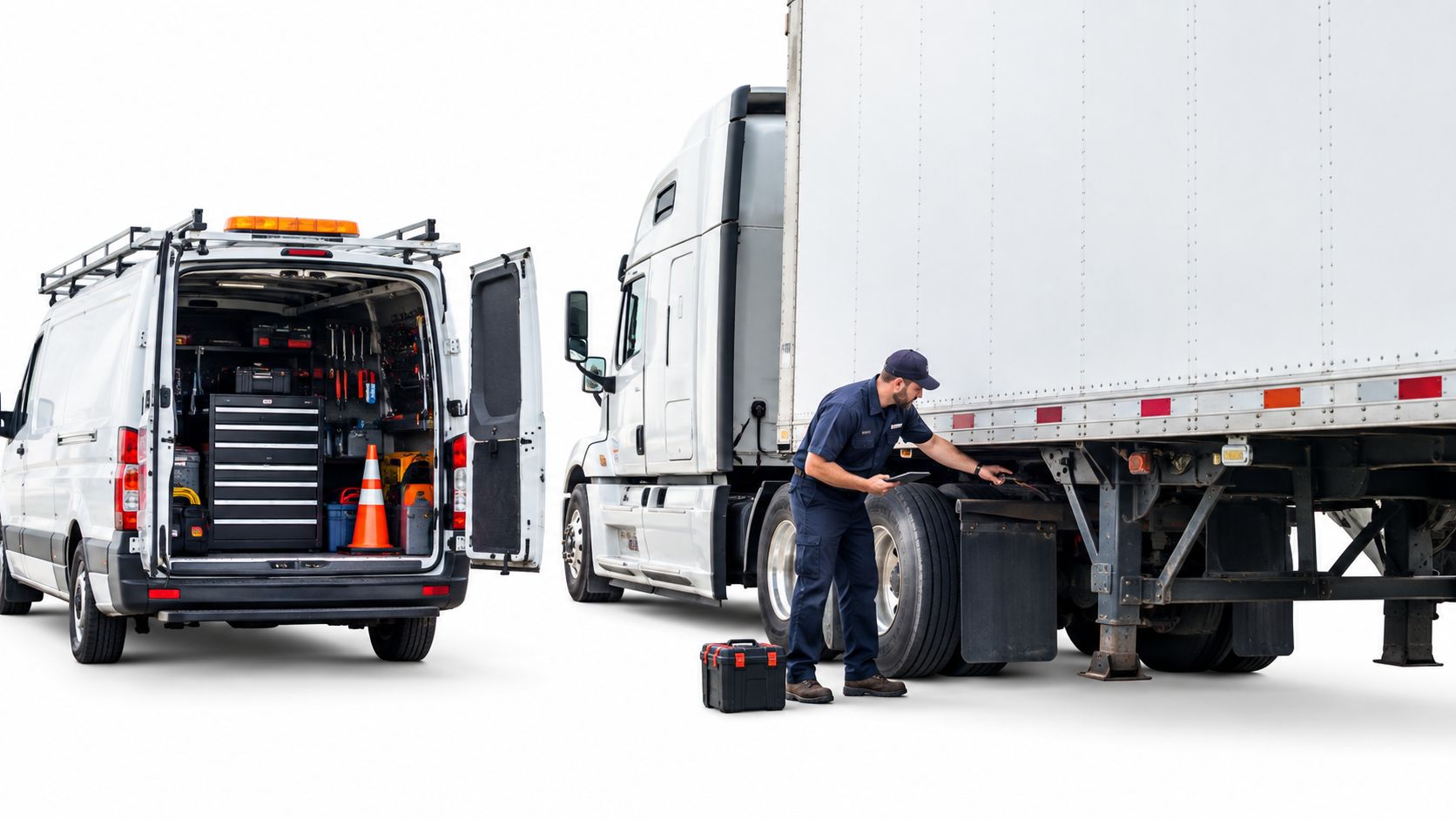 A professional technician inspecting a semi-trailer next to a mobile repair van with tools in Tampa.