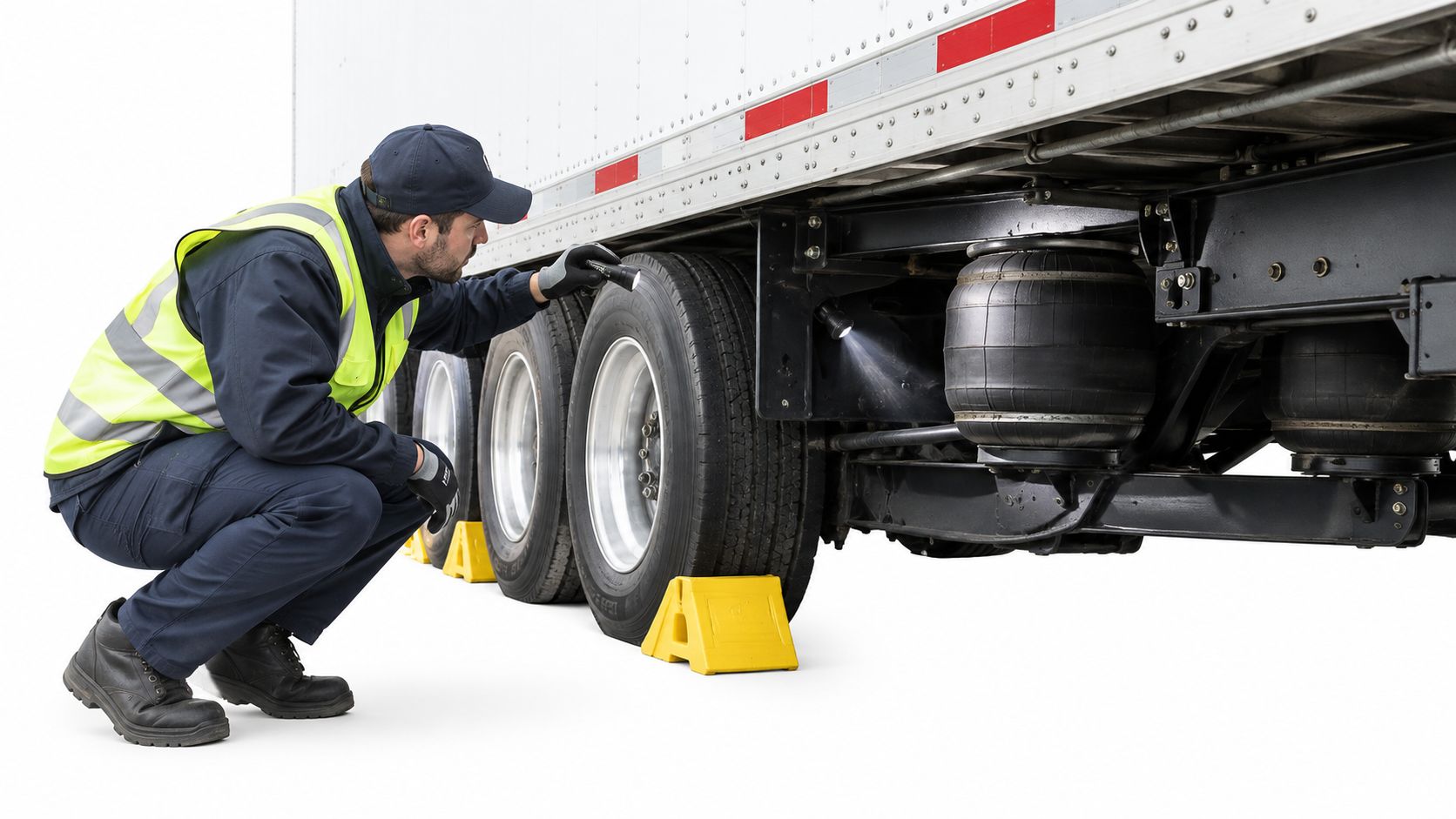 A professional mechanic wearing a safety vest inspects a semi trailer suspension system with a flashlight.