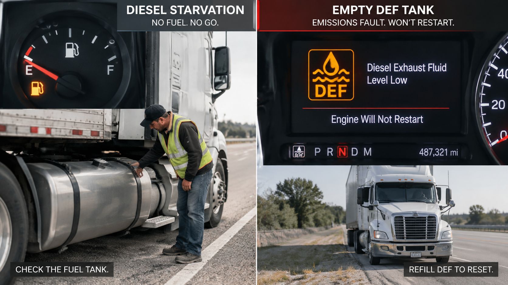 A split image showing a fuel gauge on empty and a DEF low warning light on a truck.
