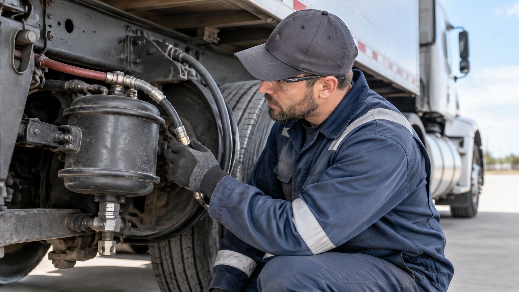 A professional mechanic in a uniform performing maintenance on the brake system of a heavy-duty truck outdoors.