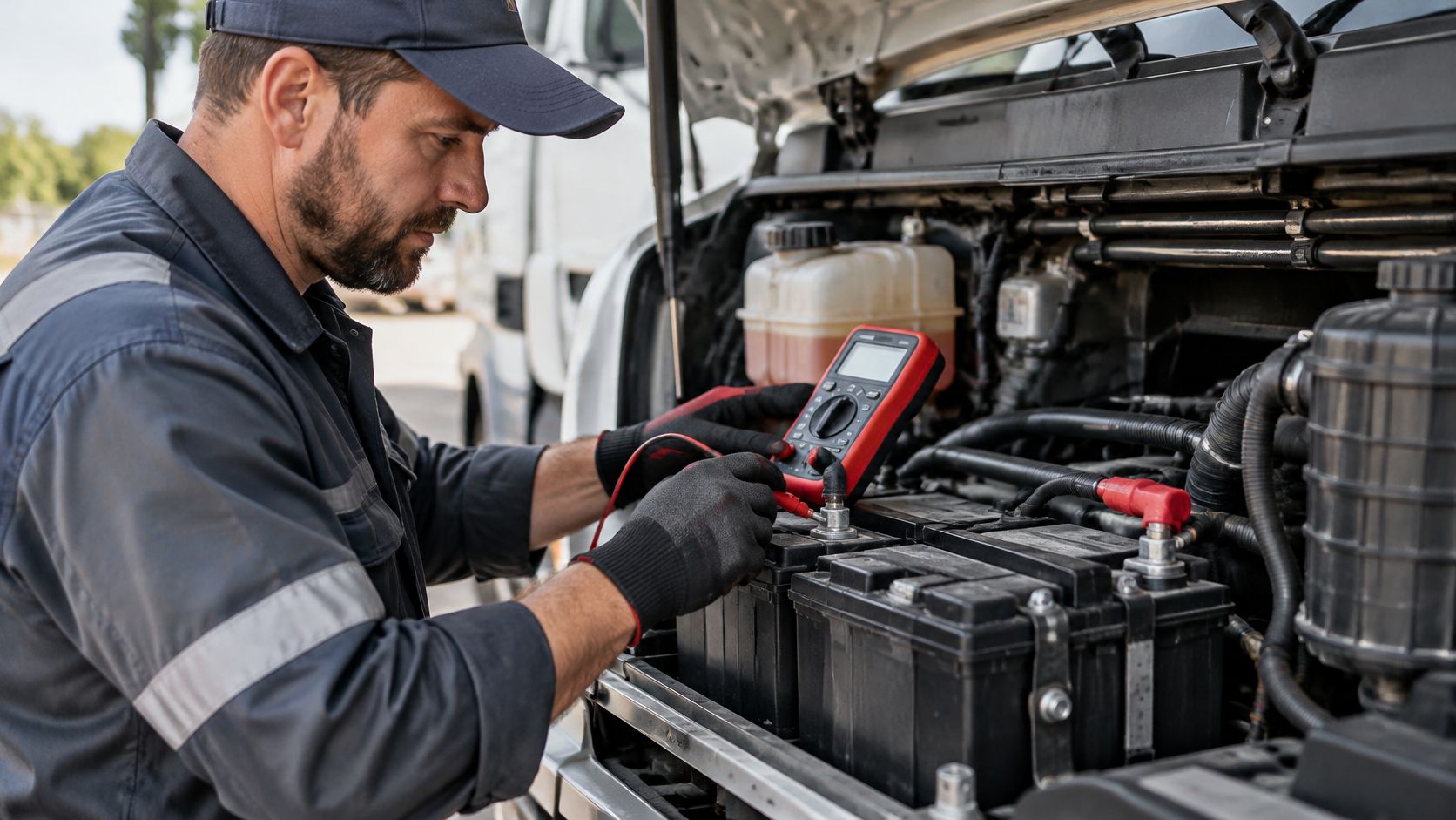 A professional mechanic in work uniform testing a heavy duty truck battery voltage with a multimeter tool.