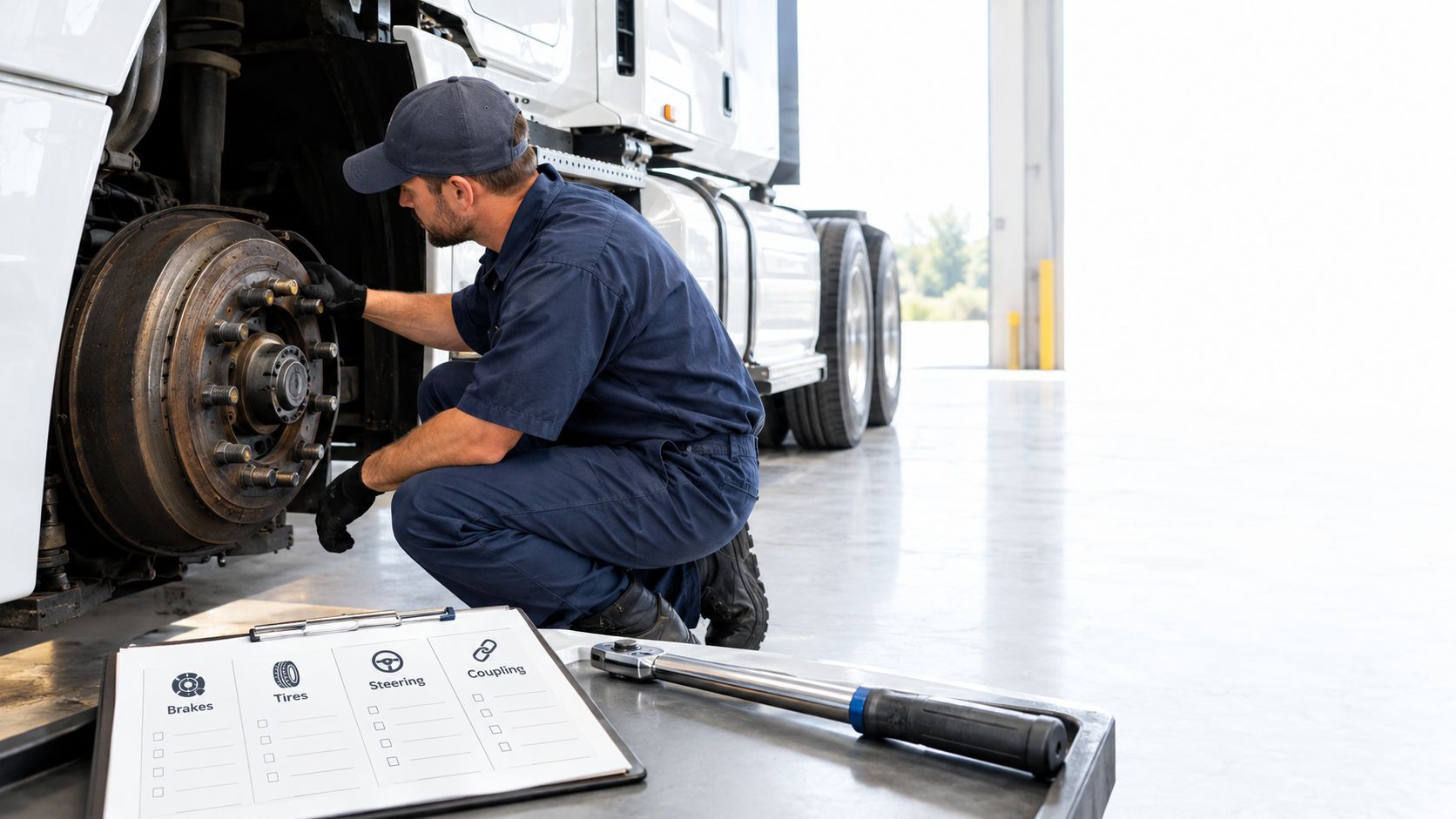 A professional mechanic in a uniform performing maintenance on a truck wheel in a repair shop.