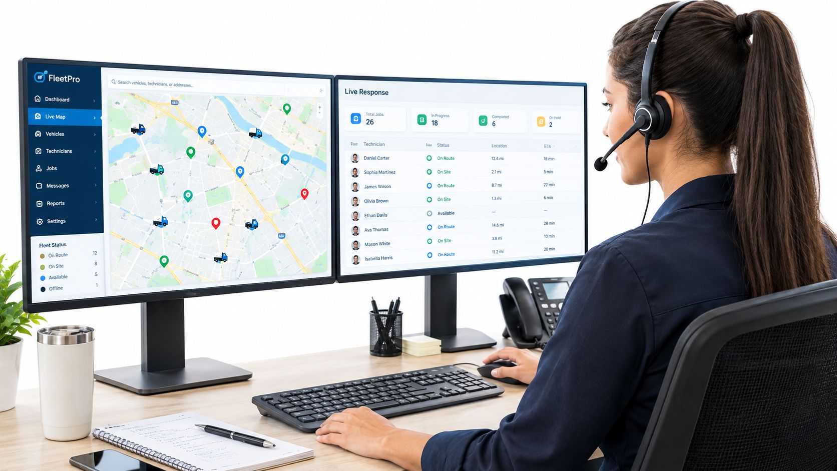 A professional dispatcher using a dual-monitor setup to manage live fleet repair operations and technician locations.