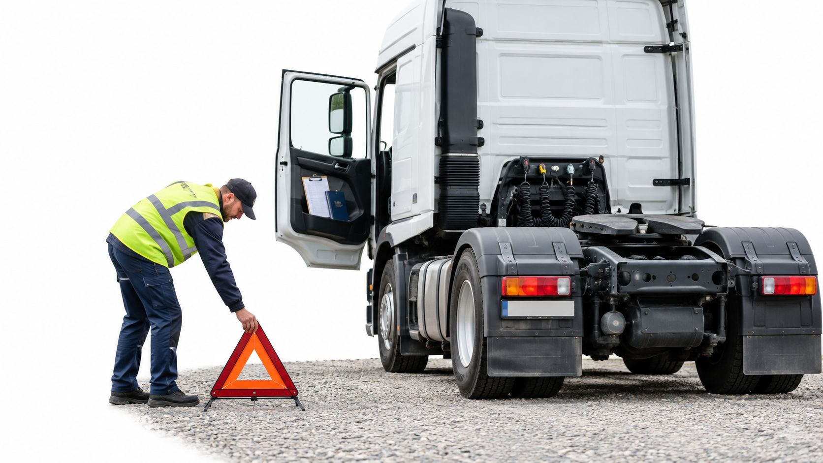 A truck driver in a high-visibility vest placing a warning triangle behind his broken-down heavy truck.