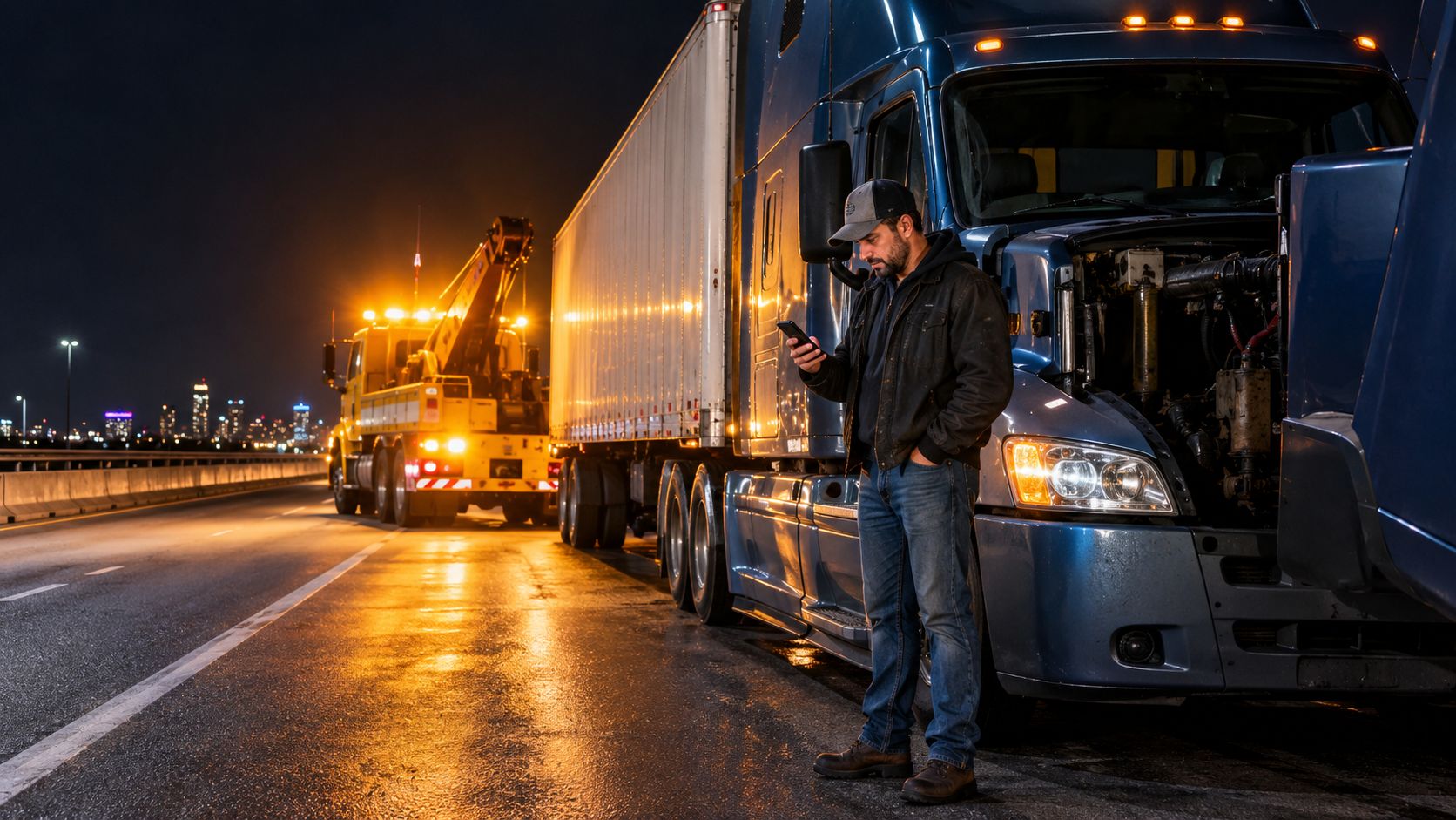 A truck driver standing on the roadside at night using a smartphone while waiting for a tow truck.