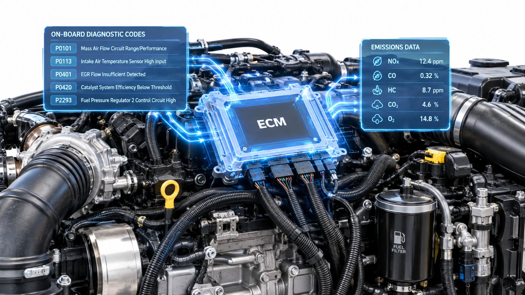 A detailed close-up of a diesel engine showing an ECM with digital diagnostic codes and emissions data overlays.