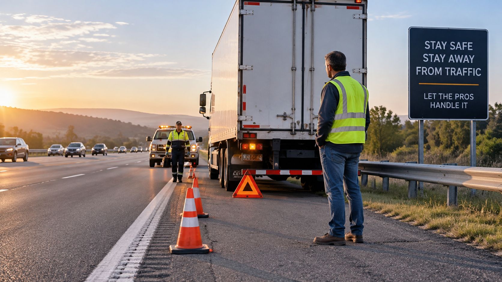 A professional roadside service technician assists a driver with a broken-down semi-truck on the highway shoulder.