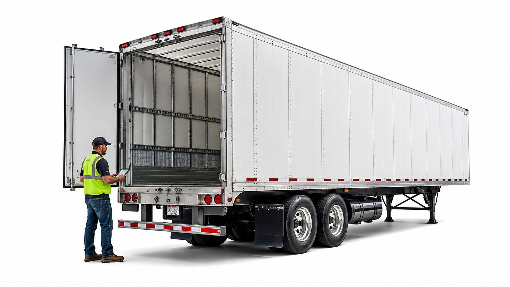 A professional truck driver in a safety vest checks an empty dry van trailer with a tablet.