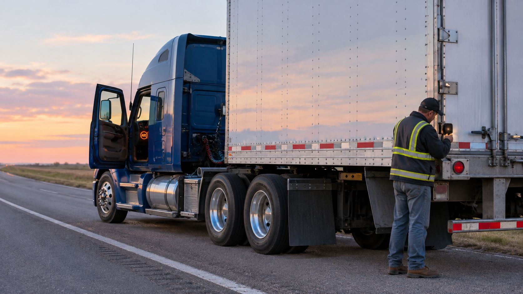 A truck driver inspects the rear electrical components of his parked semi-trailer truck on a highway at sunset.