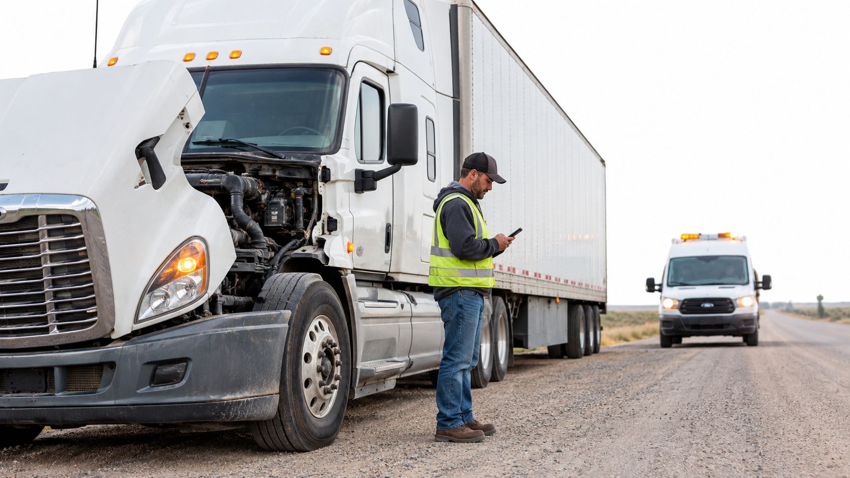 A truck driver in a high-visibility vest uses his smartphone while standing beside a broken-down semi truck.