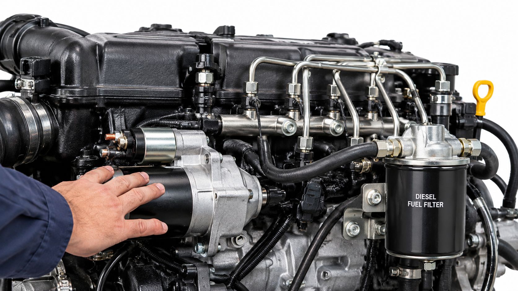 A technician inspects the starter motor on a diesel engine, which is a common cause for starting failures.