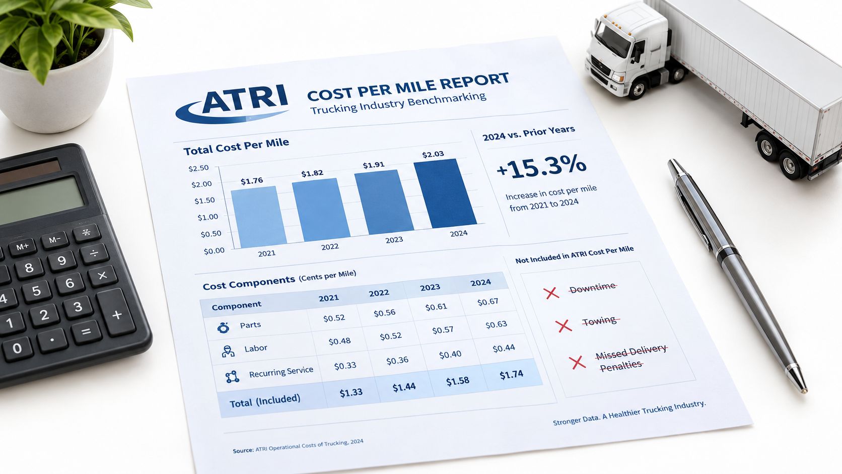 A document titled ATRI Cost Per Mile Report showing trucking industry benchmarking charts and cost component tables.