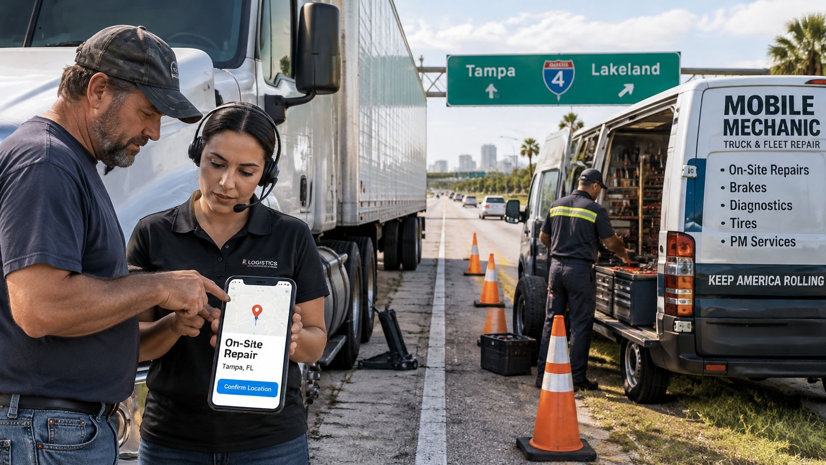 A professional team coordinates an on-site truck repair service on the side of a Florida highway.