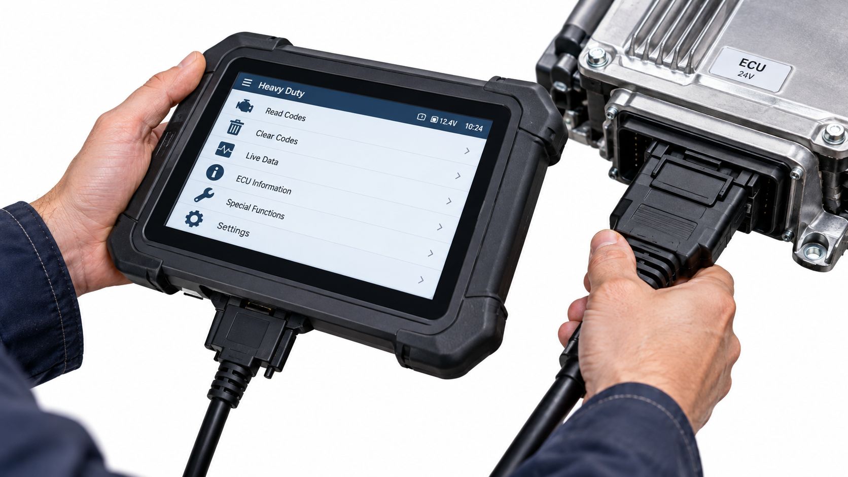 A technician holds a diagnostic tablet connected to a heavy-duty engine control unit for vehicle system testing.