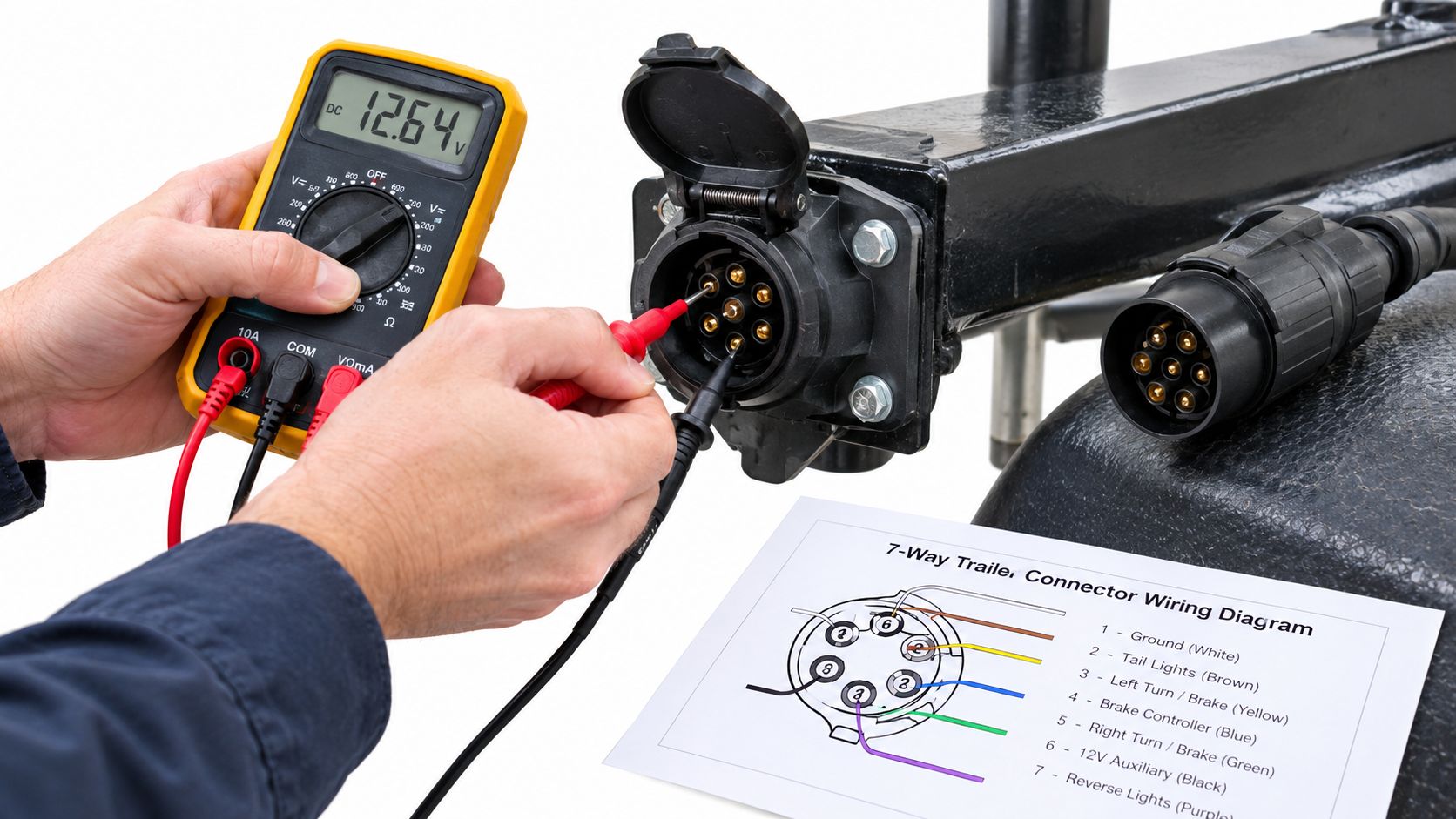 A technician using a digital multimeter to test voltage on a 7-way semi trailer electrical connector.