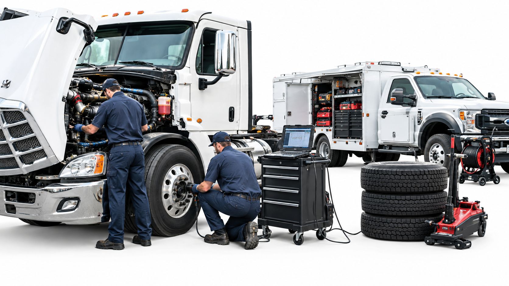 Two professional mechanics in blue uniforms working on a large commercial truck and tire at a mobile shop.