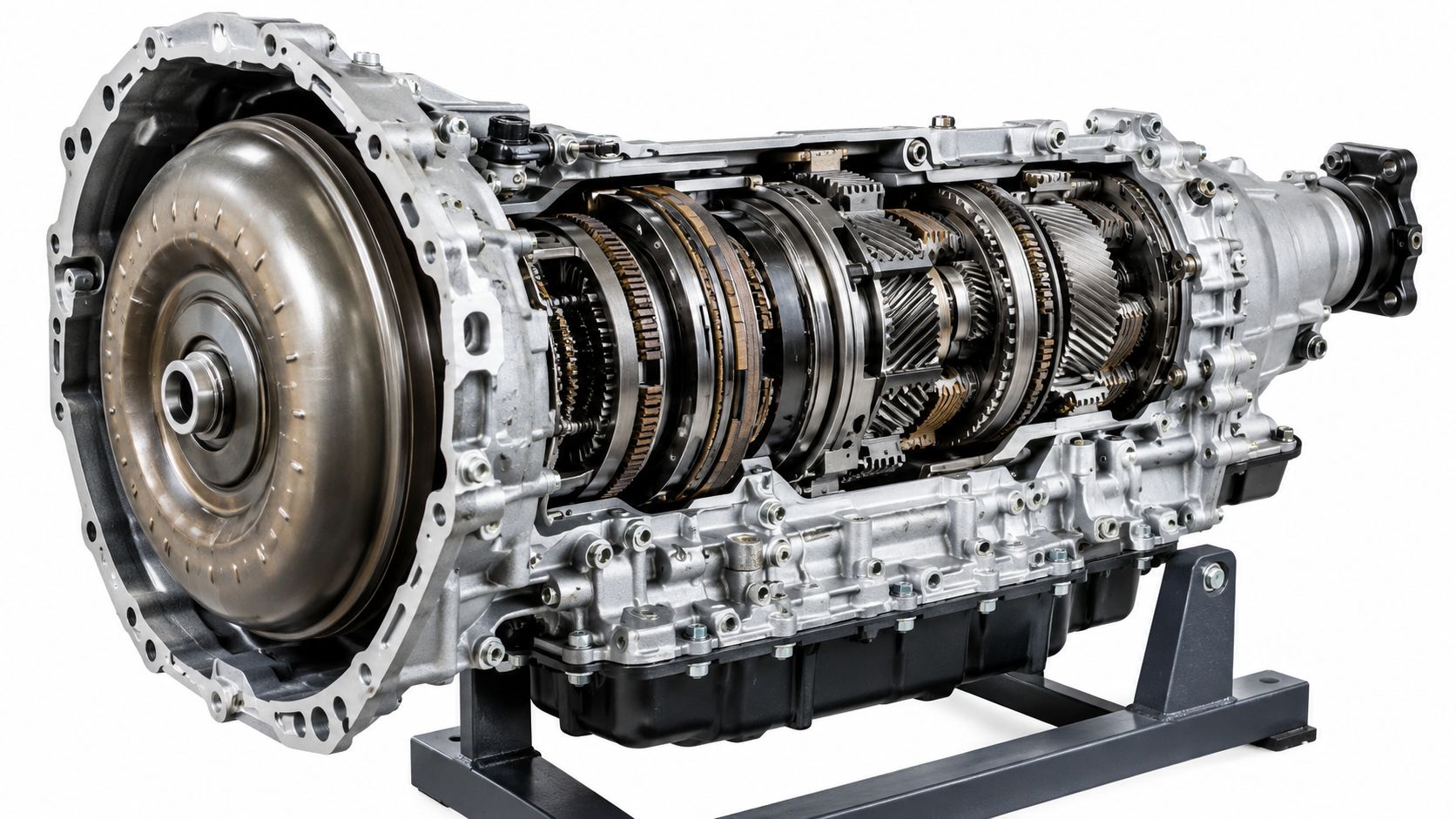 A cutaway view of an automotive automatic transmission showing internal gears, clutch packs, and the torque converter.