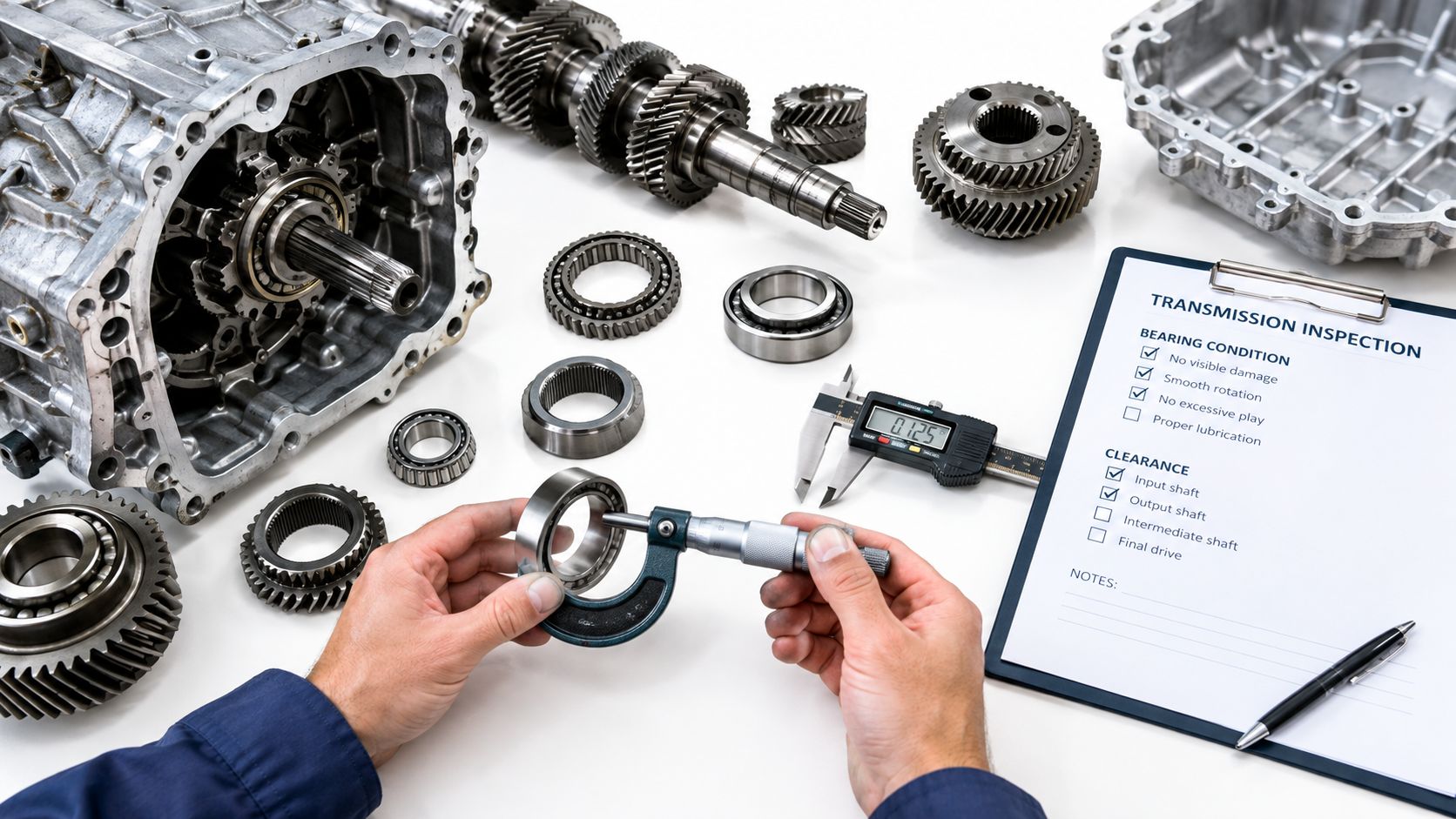A mechanic measuring a transmission bearing with a micrometer during a professional vehicle gearbox inspection process.