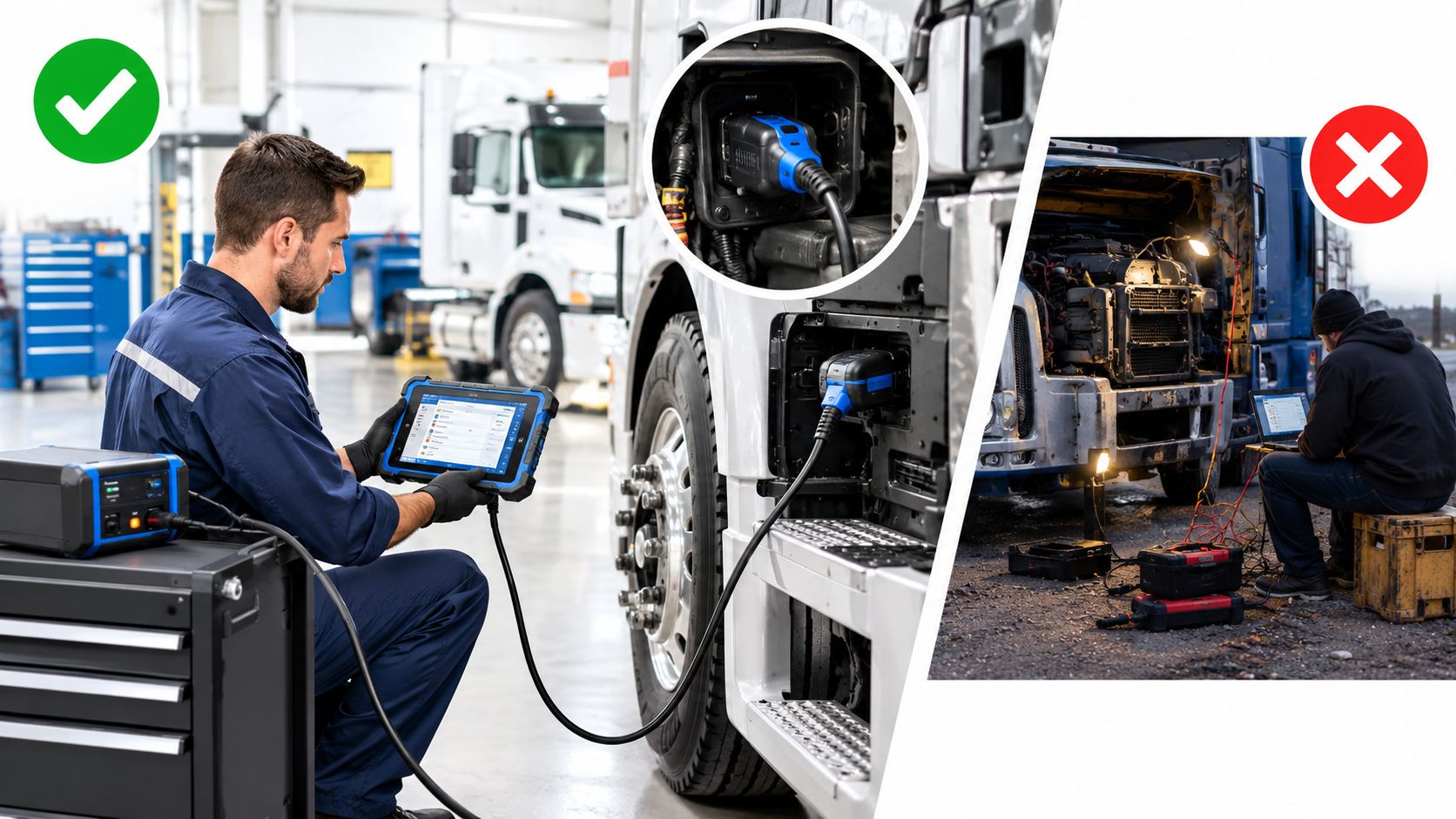 A split screen comparing professional indoor truck diagnostics with a technician working in poor outdoor conditions.