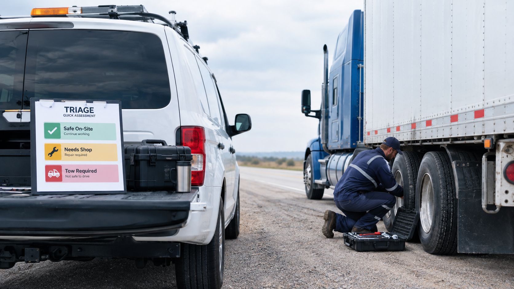 A mobile mechanic in uniform inspecting truck tires on the side of a road near a service van.