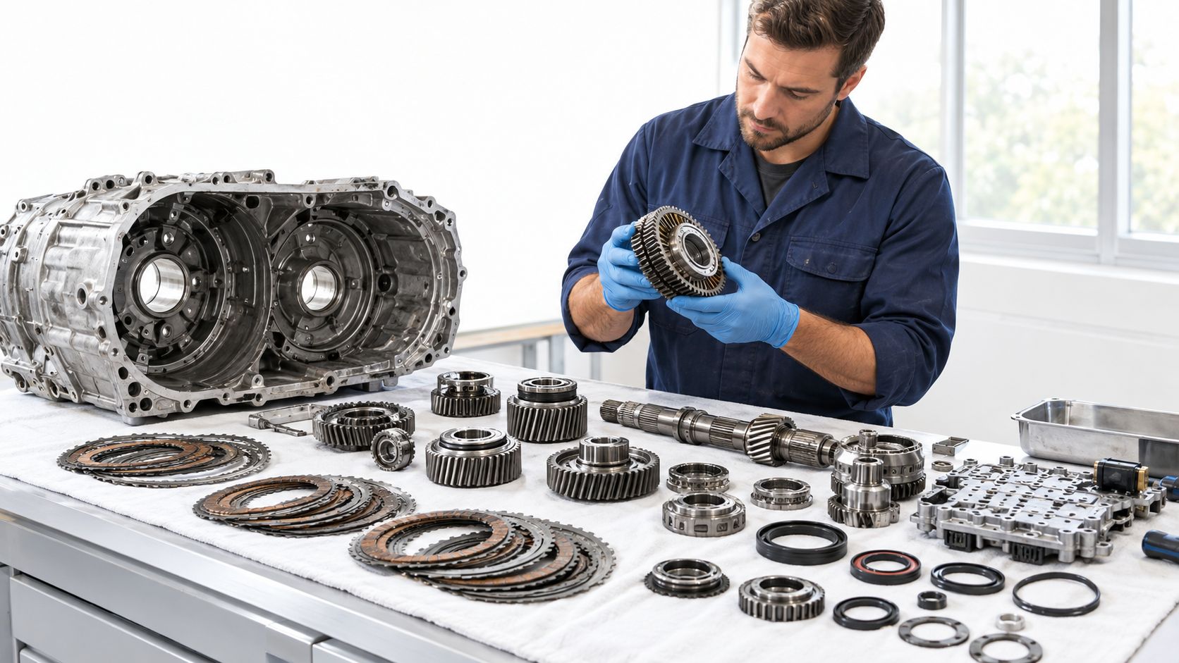 A professional automotive technician carefully inspecting transmission gear components on a clean workbench in a workshop.