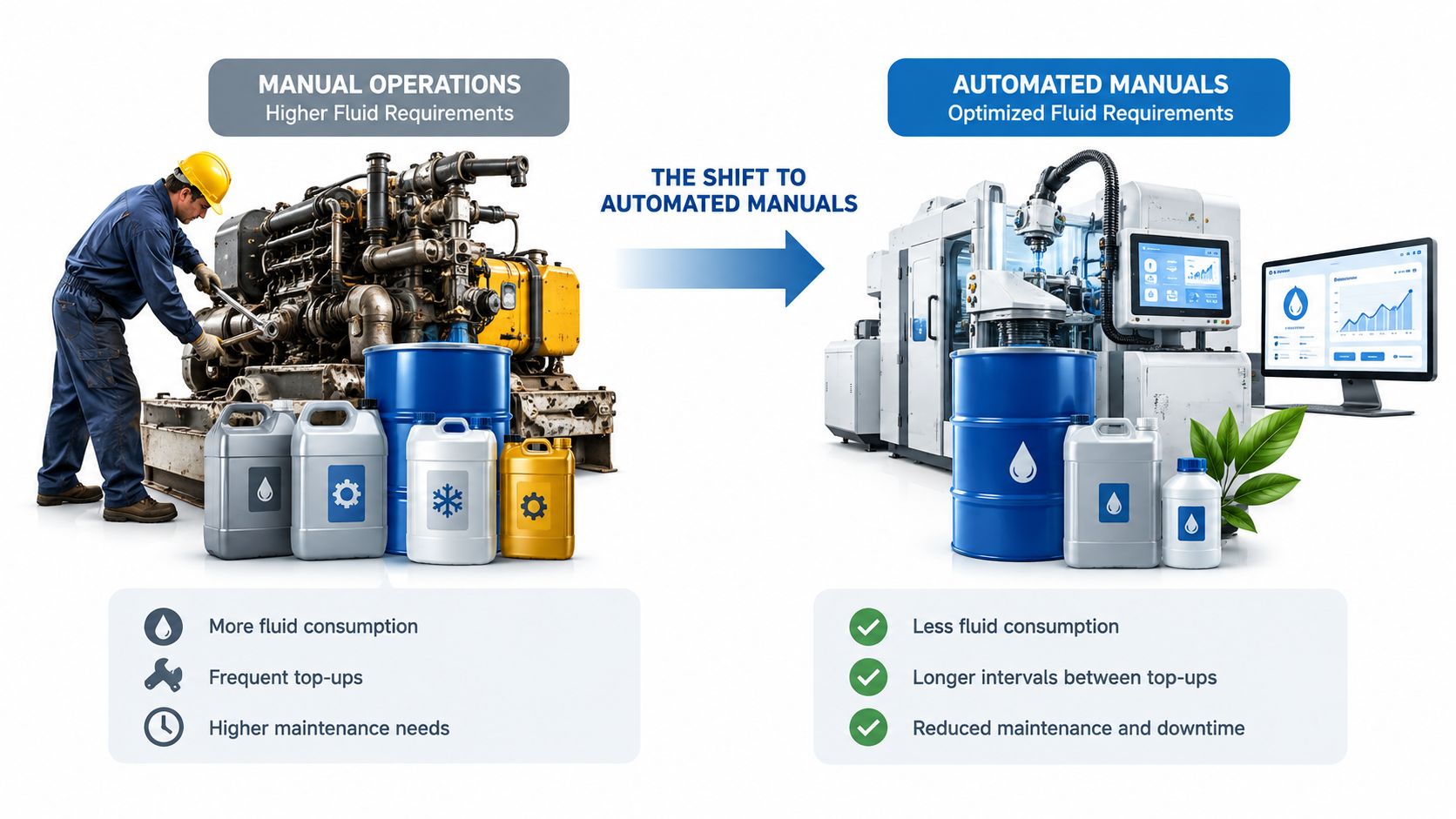 A comparison showing the shift from manual operations with high fluid consumption to automated manuals with optimized efficiency.