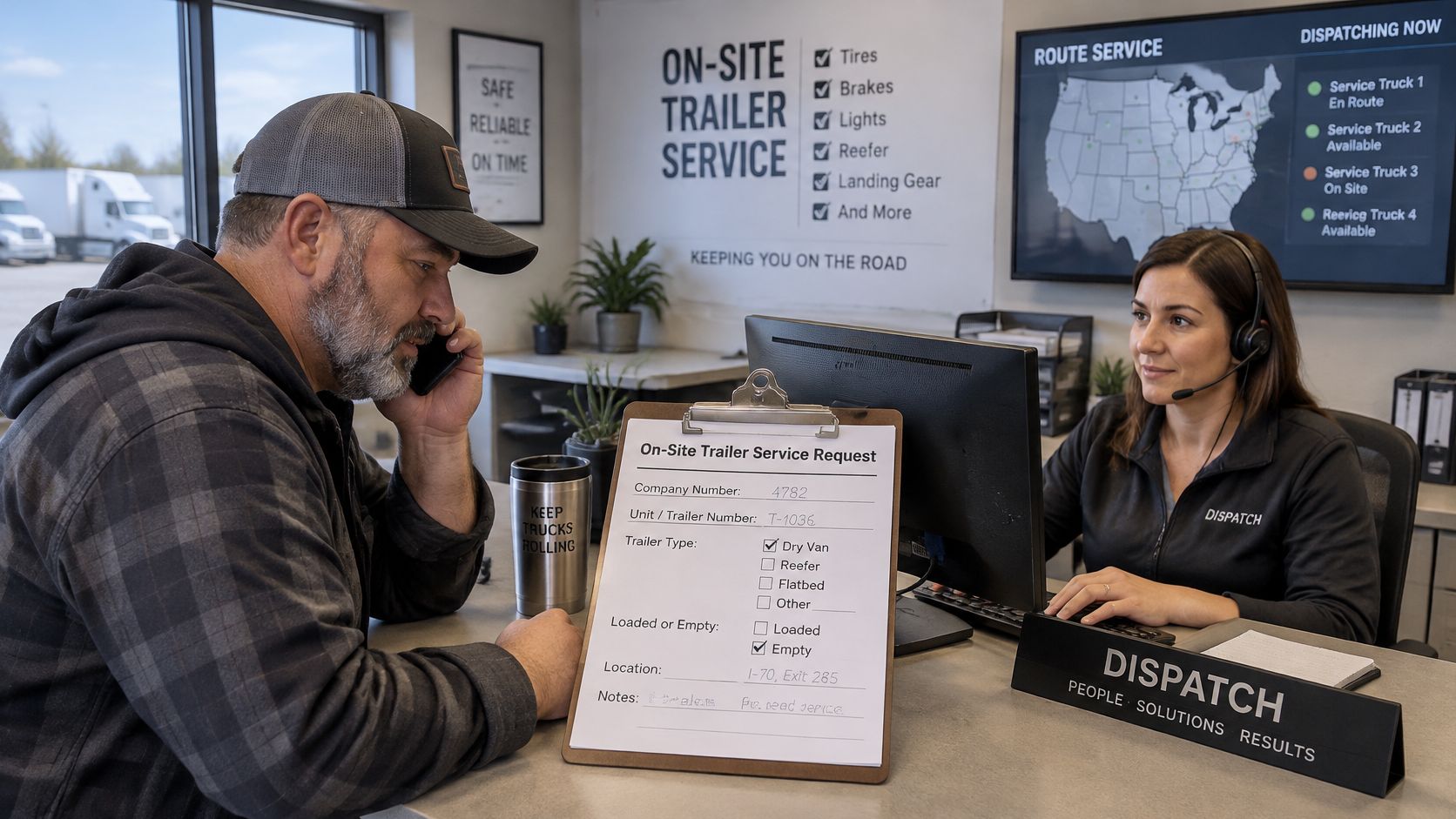 A truck driver coordinating trailer repairs with a dispatch officer in an office setting.
