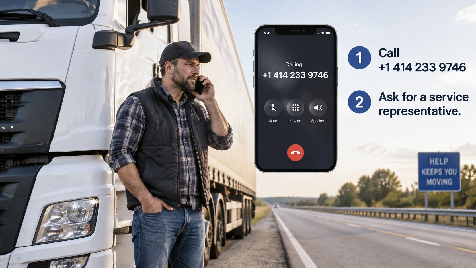 A truck driver standing by his truck on the highway on a phone call for roadside assistance.