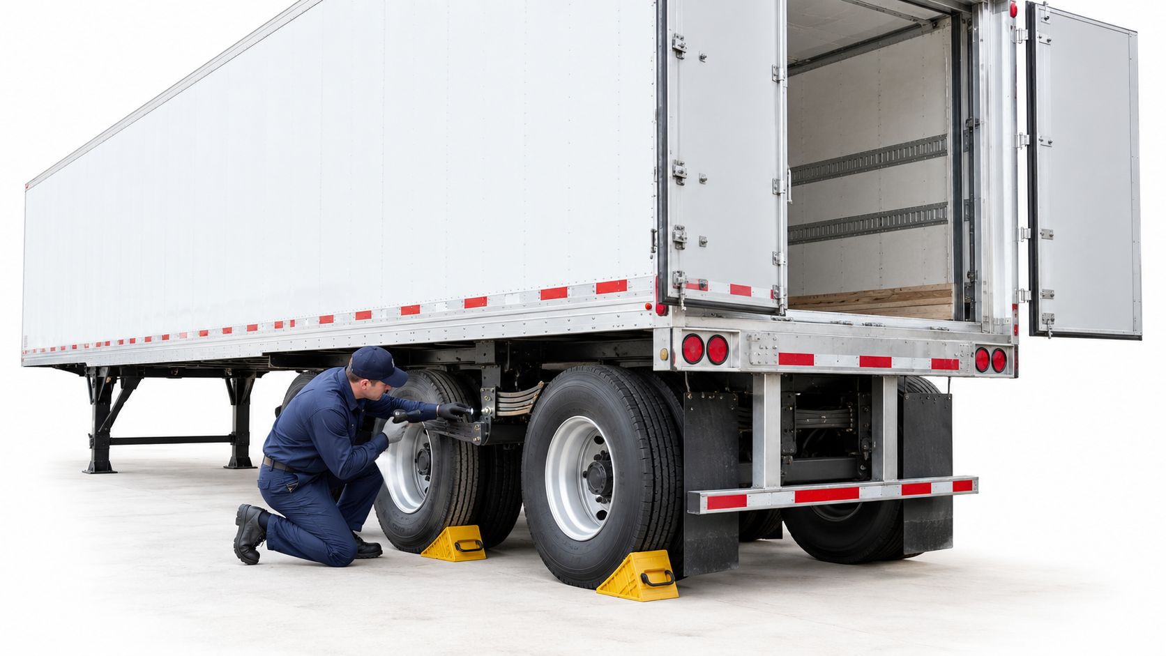 A technician wearing a blue uniform performing maintenance on the undercarriage of a large semi-truck trailer.
