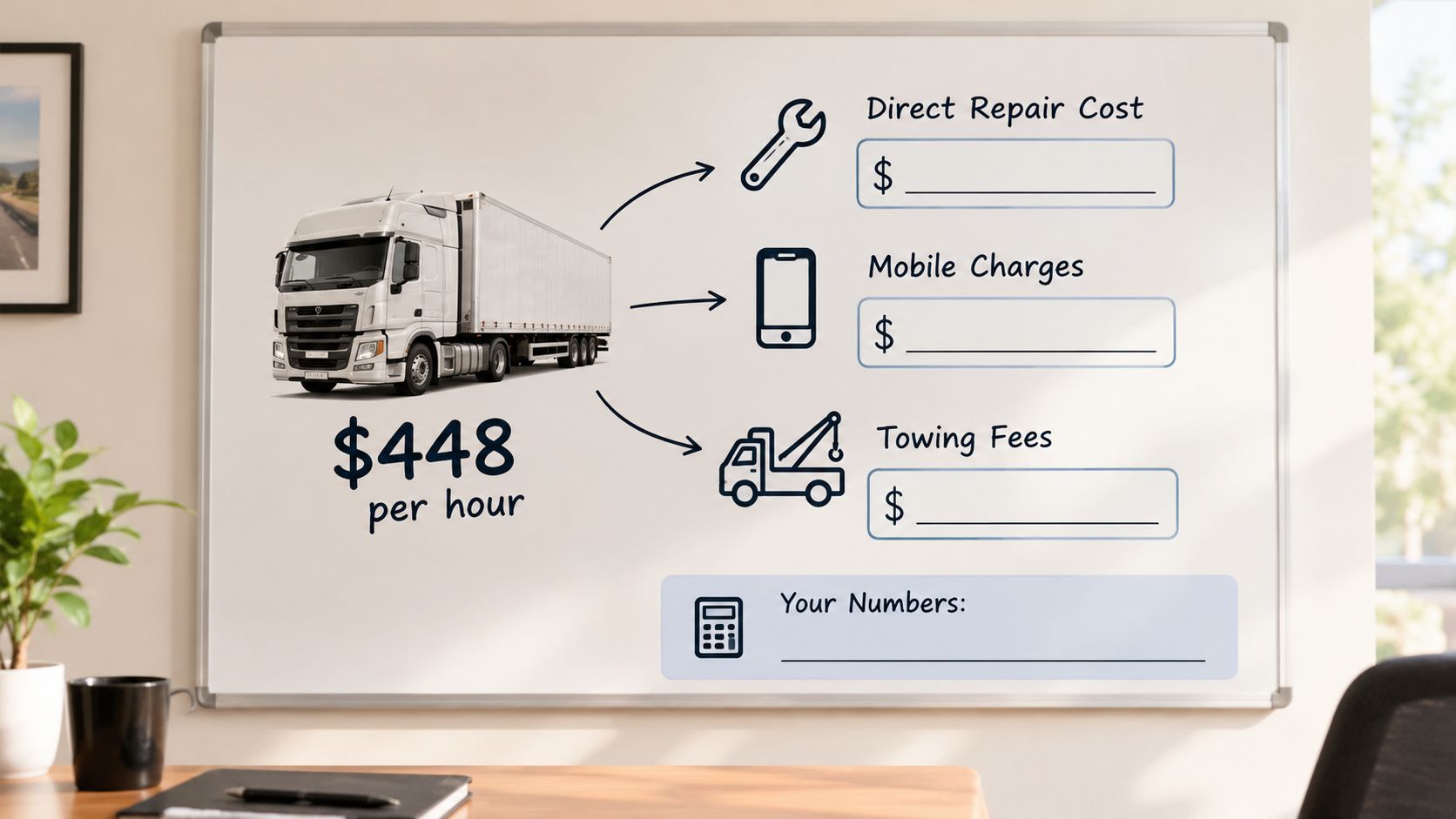 A whiteboard illustration breaking down truck fleet maintenance costs, including repair, mobile service, and towing fees.