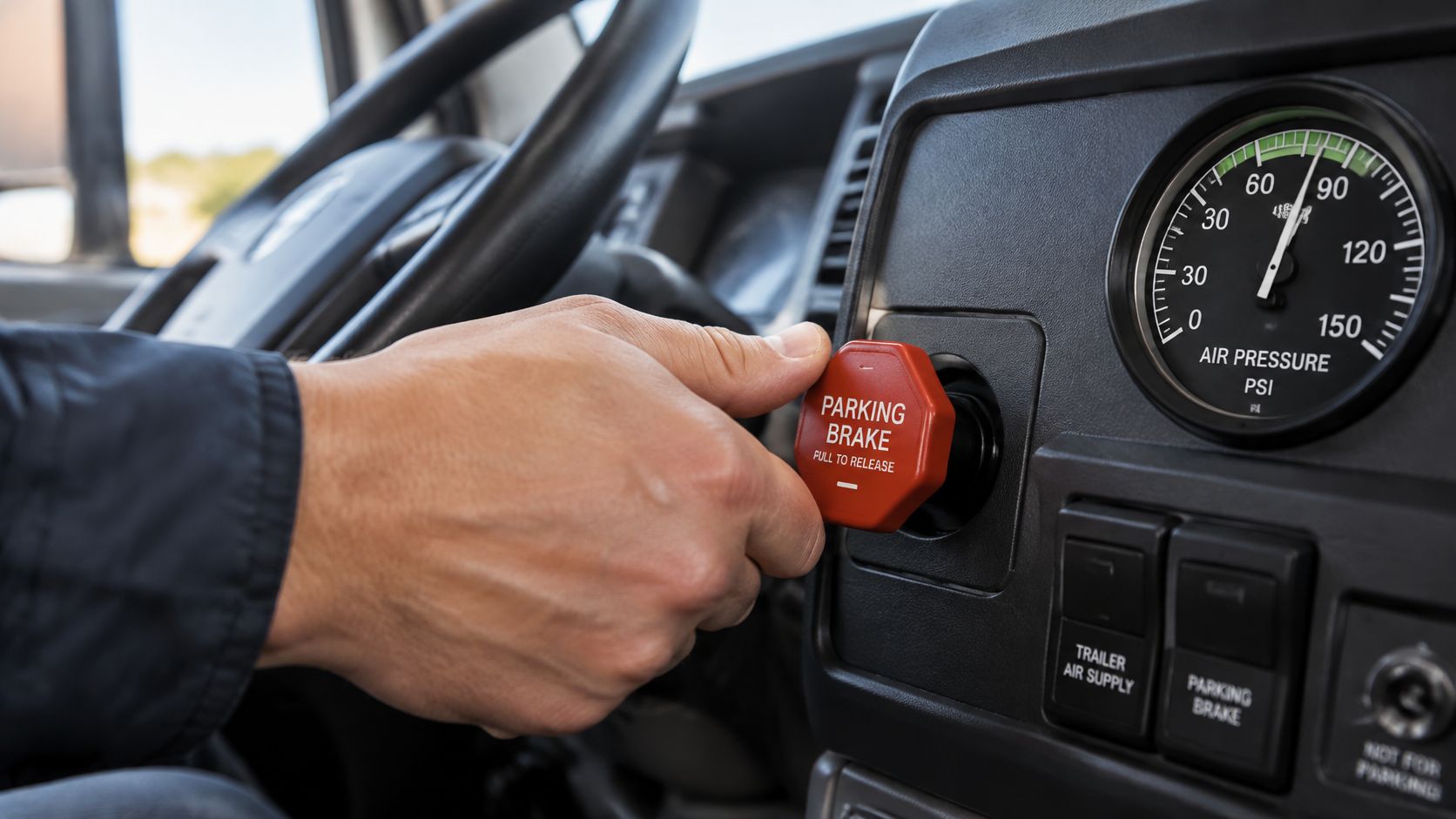 A truck driver's hand reaching out to pull the red parking brake knob on the vehicle dashboard.