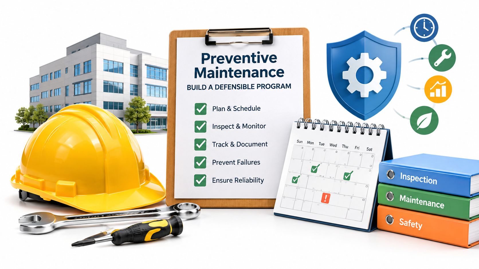 A yellow hard hat, tools, a clipboard with maintenance tasks, a calendar, and manuals on a table.