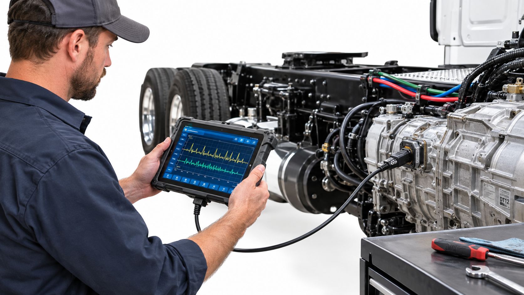 A technician using a rugged tablet to diagnose a semi truck transmission system in a workshop.
