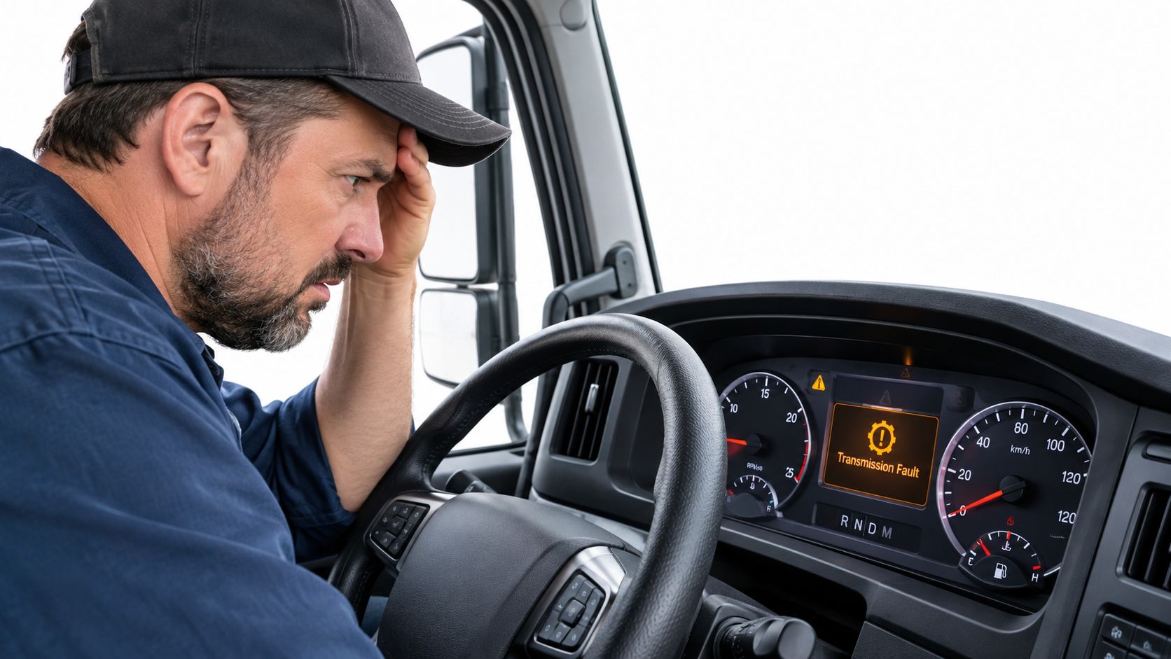 A stressed truck driver sitting in the driver's seat looking at a transmission fault error message.