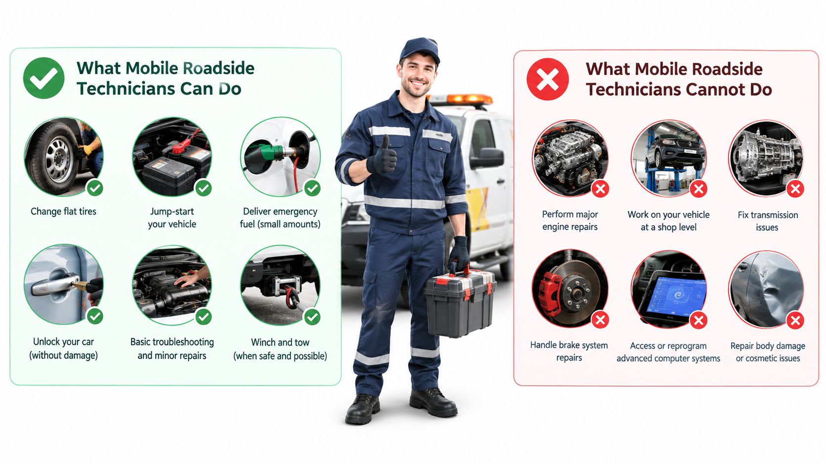 An infographic comparing what mobile roadside assistance technicians can and cannot do for stranded vehicles.