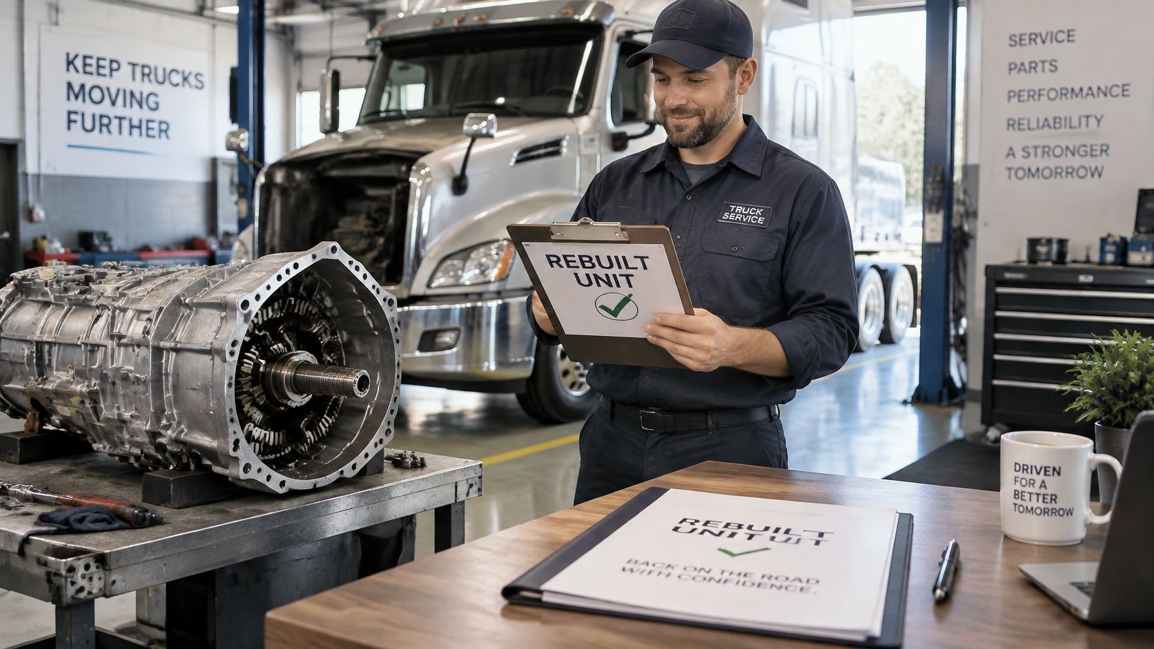 A professional mechanic in a workshop holds a clipboard labeled Rebuilt Unit next to a truck transmission.