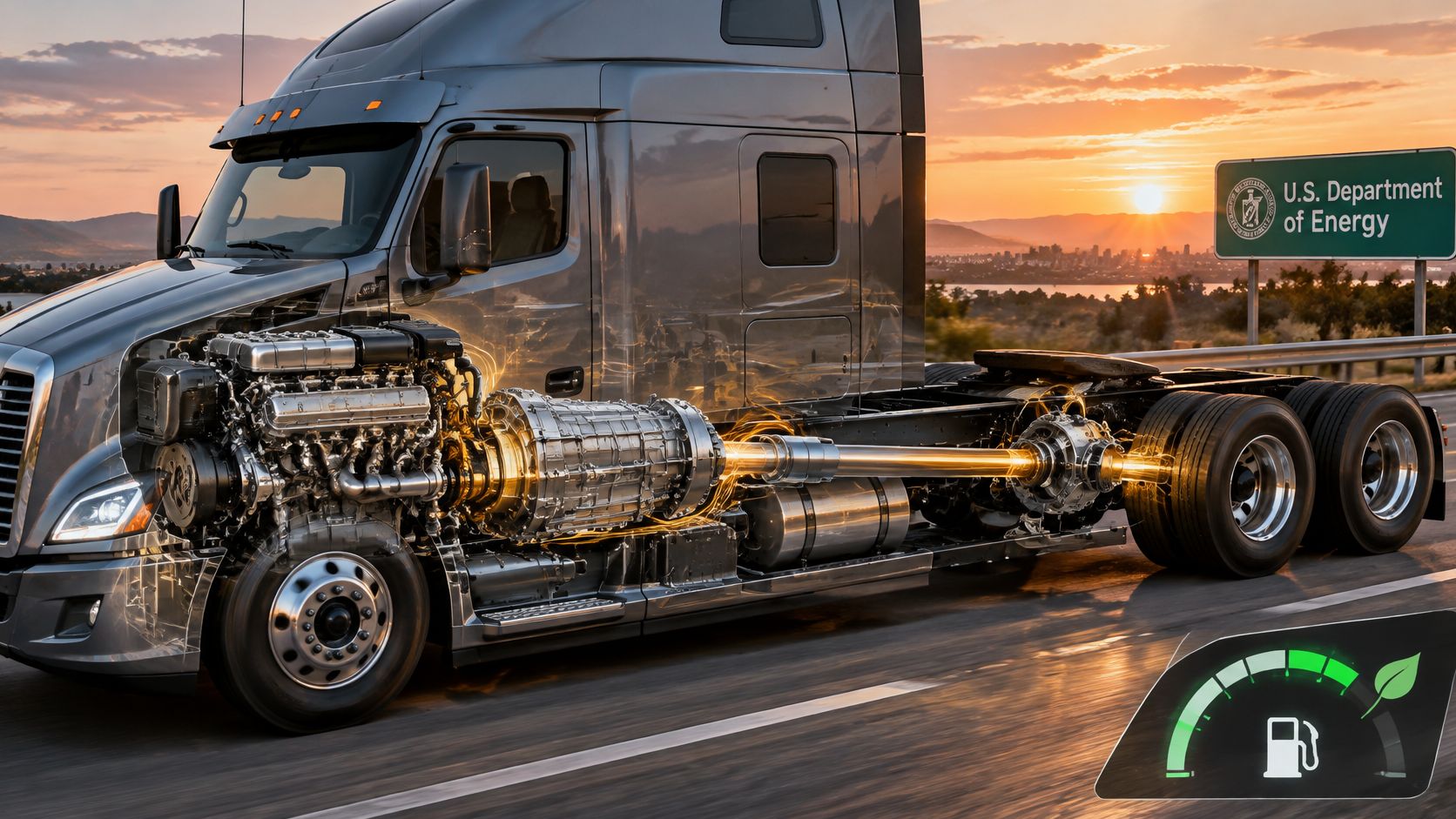 A cutaway view of a heavy-duty semi-truck revealing its engine and drivetrain during a scenic sunset drive.