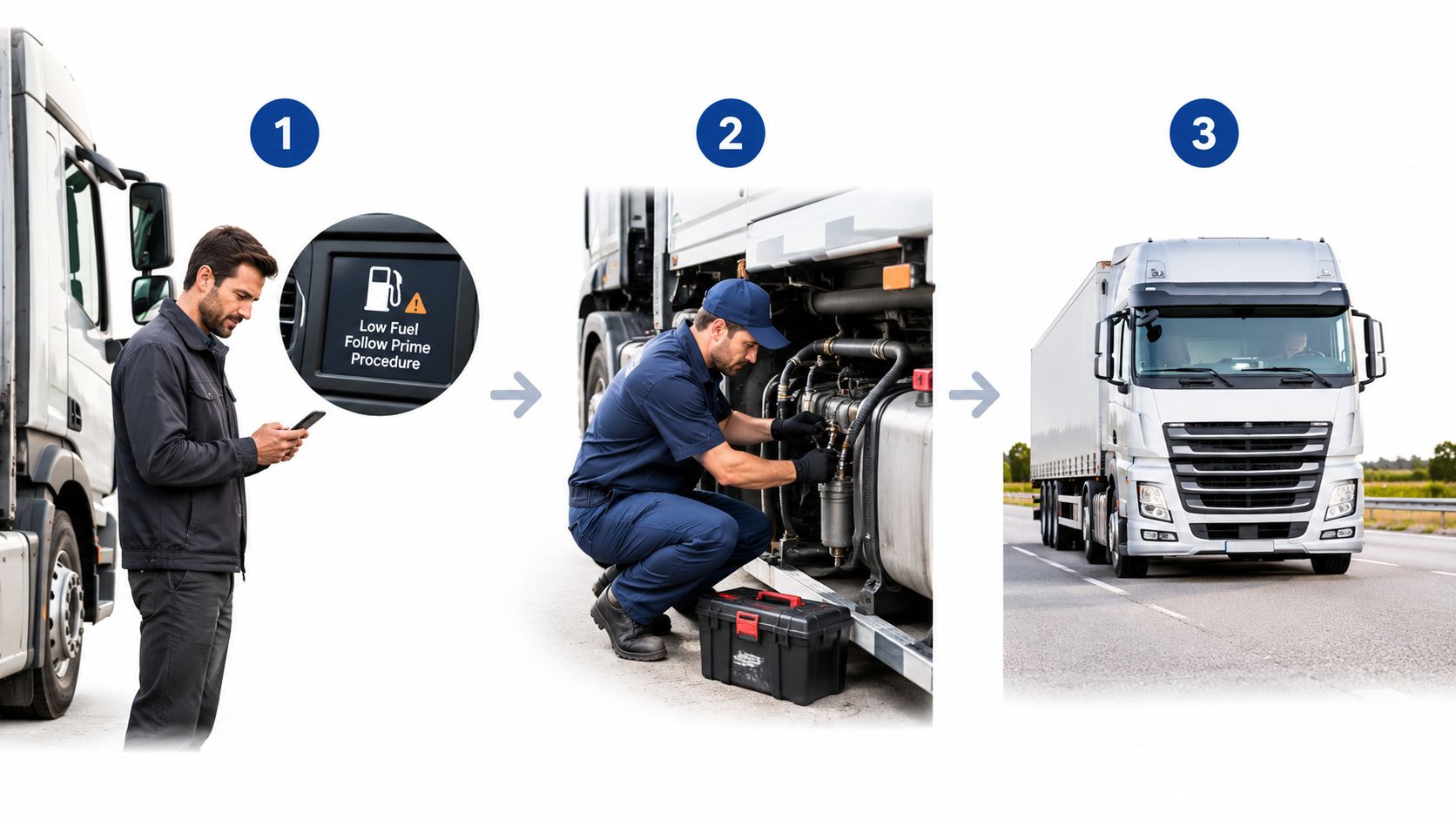 A three-step guide showing a driver checking a low fuel warning followed by a technician priming the engine.