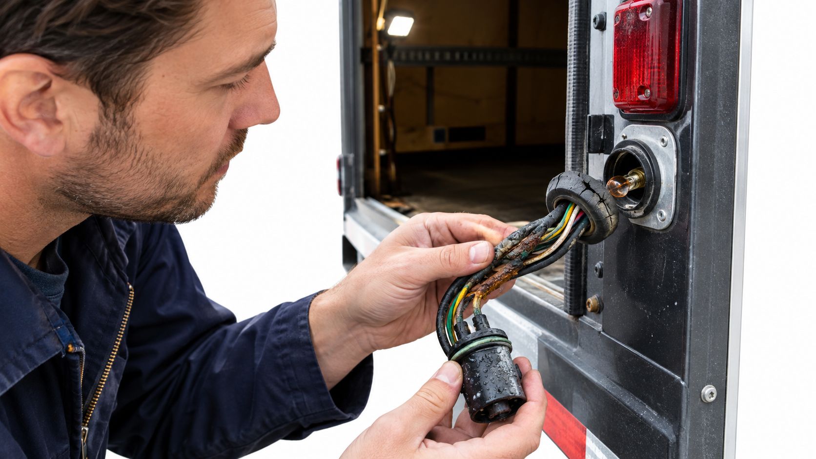 A technician inspecting the damaged and corroded electrical wiring harness connector of a semi-trailer light assembly.