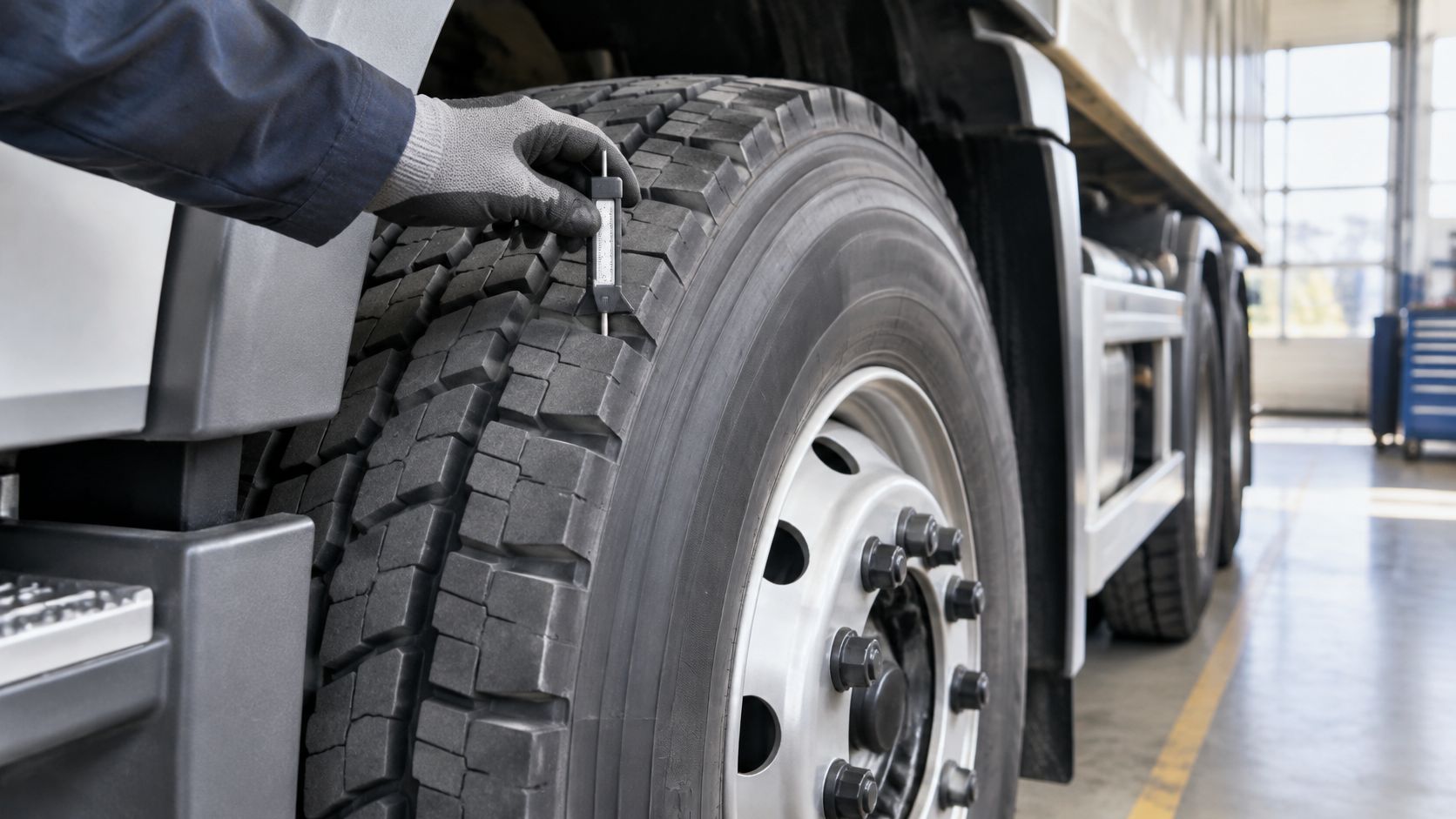 A technician using a tire tread depth gauge to inspect a heavy duty truck tire in a shop.